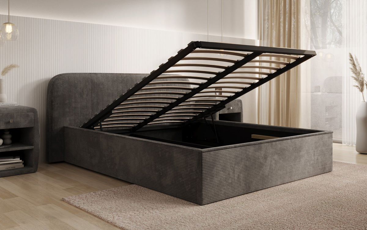 Designer gestoffeerd bed Nola in Ribstof met opbergruimte