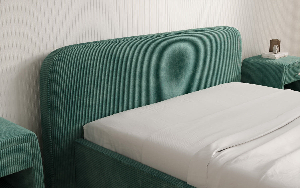 Designer gestoffeerd bed Nola in Ribstof met opbergruimte