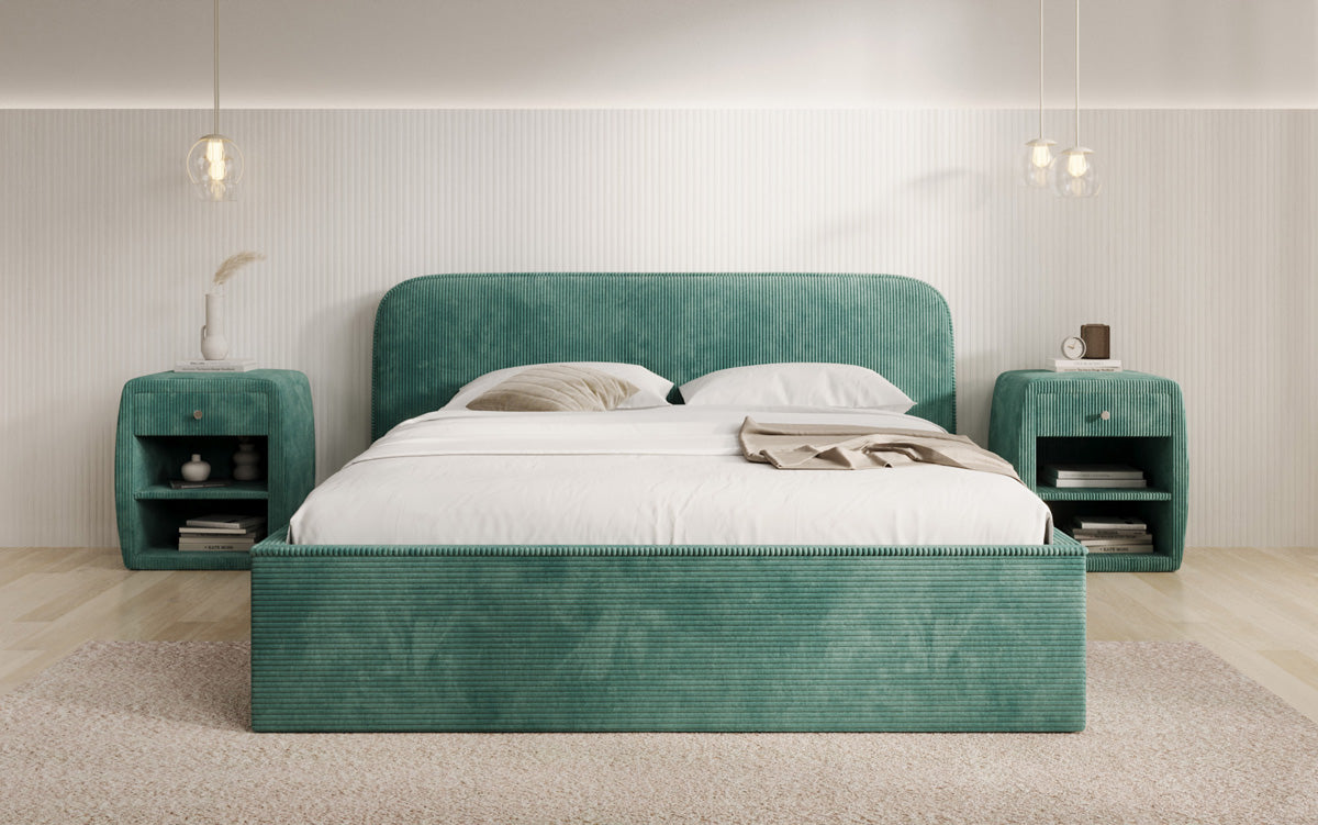 Designer gestoffeerd bed Nola in Ribstof met opbergruimte