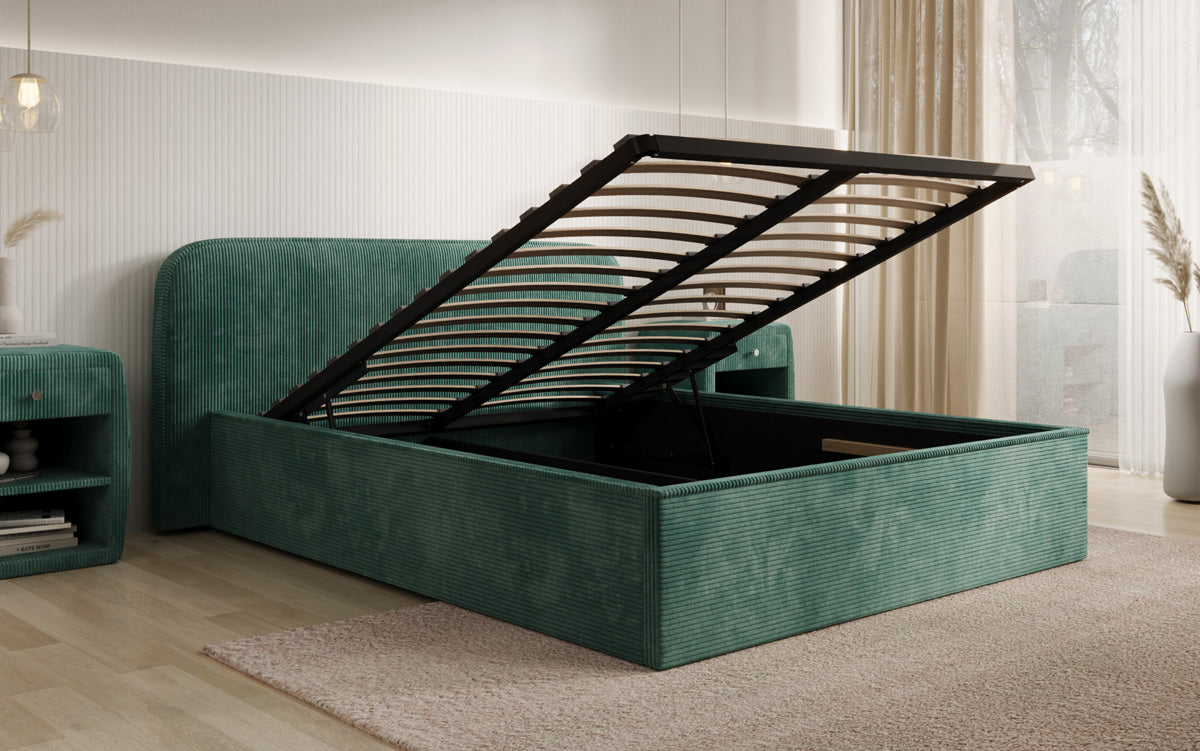 Designer gestoffeerd bed Nola in Ribstof met opbergruimte