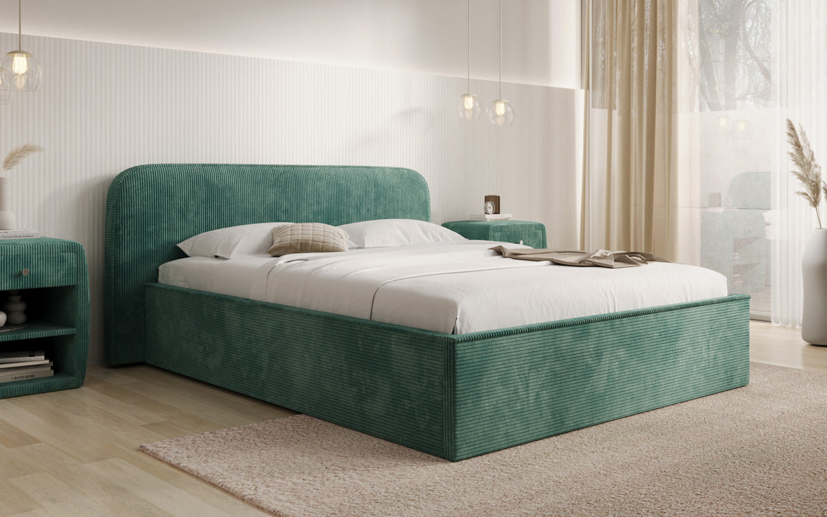 Designer gestoffeerd bed Nola in Ribstof met opbergruimte