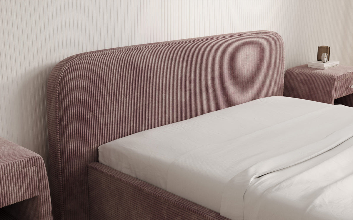 Designer gestoffeerd bed Nola in Ribstof met opbergruimte