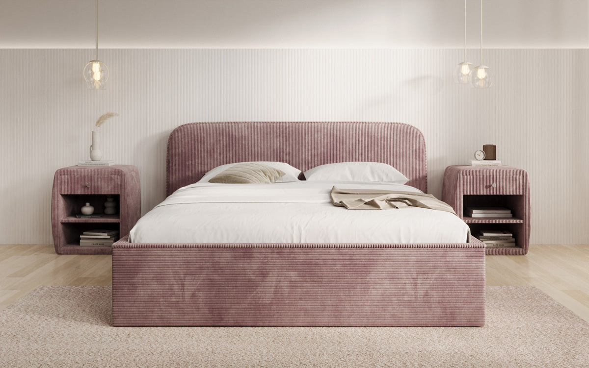 Designer gestoffeerd bed Nola in Ribstof met opbergruimte