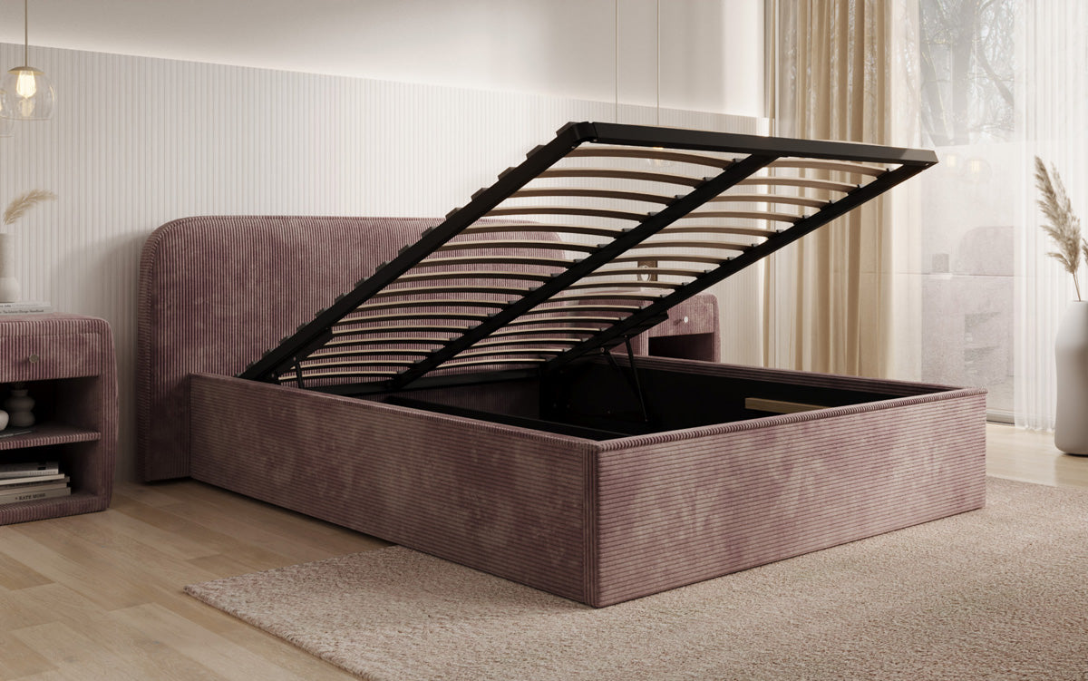 Designer gestoffeerd bed Nola in Ribstof met opbergruimte