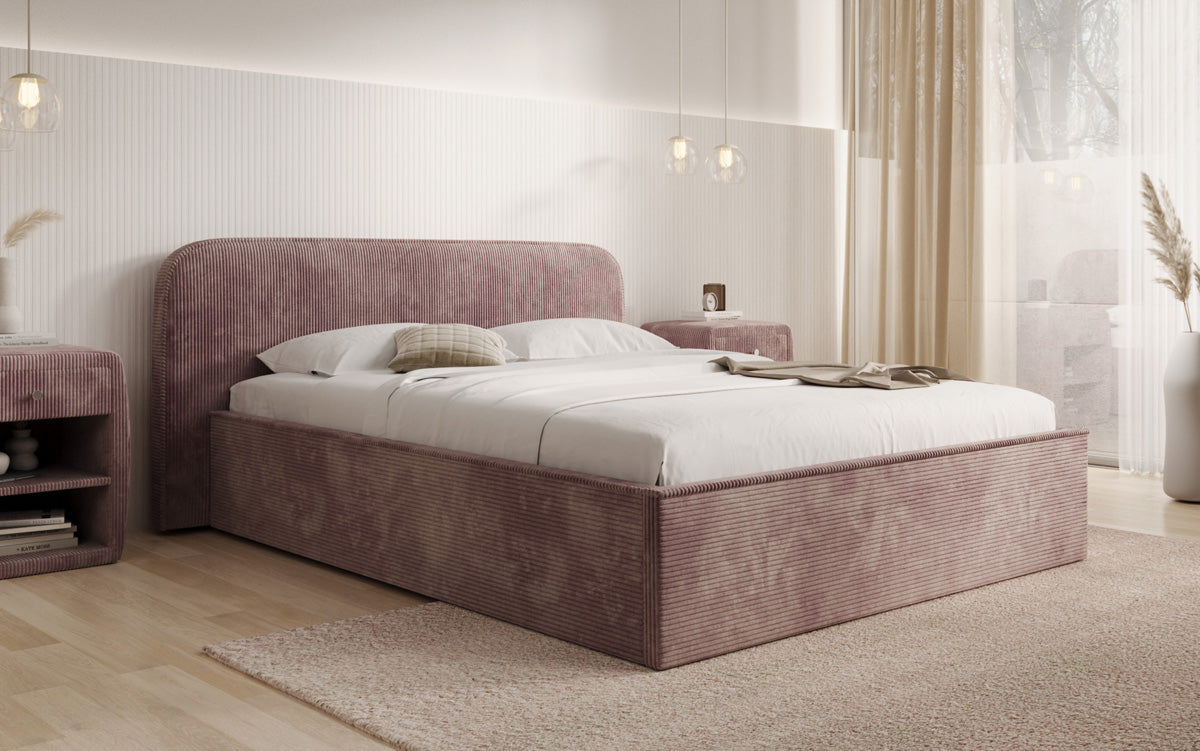 Designer gestoffeerd bed Nola in Ribstof met opbergruimte