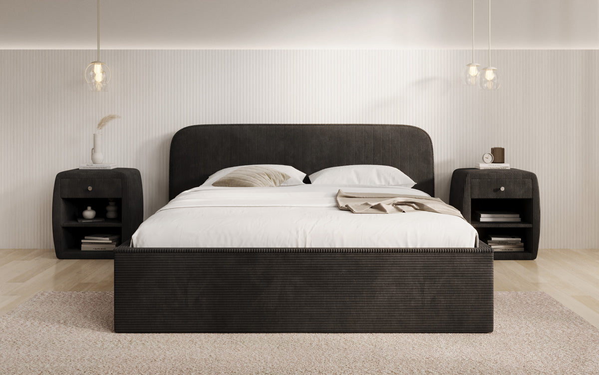 Designer gestoffeerd bed Nola in Ribstof met opbergruimte