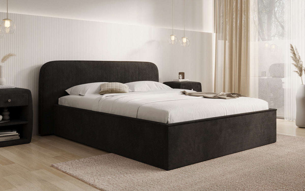 Designer gestoffeerd bed Nola in Ribstof met opbergruimte