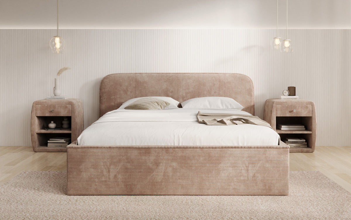 Designer gestoffeerd bed Nola in Ribstof met opbergruimte