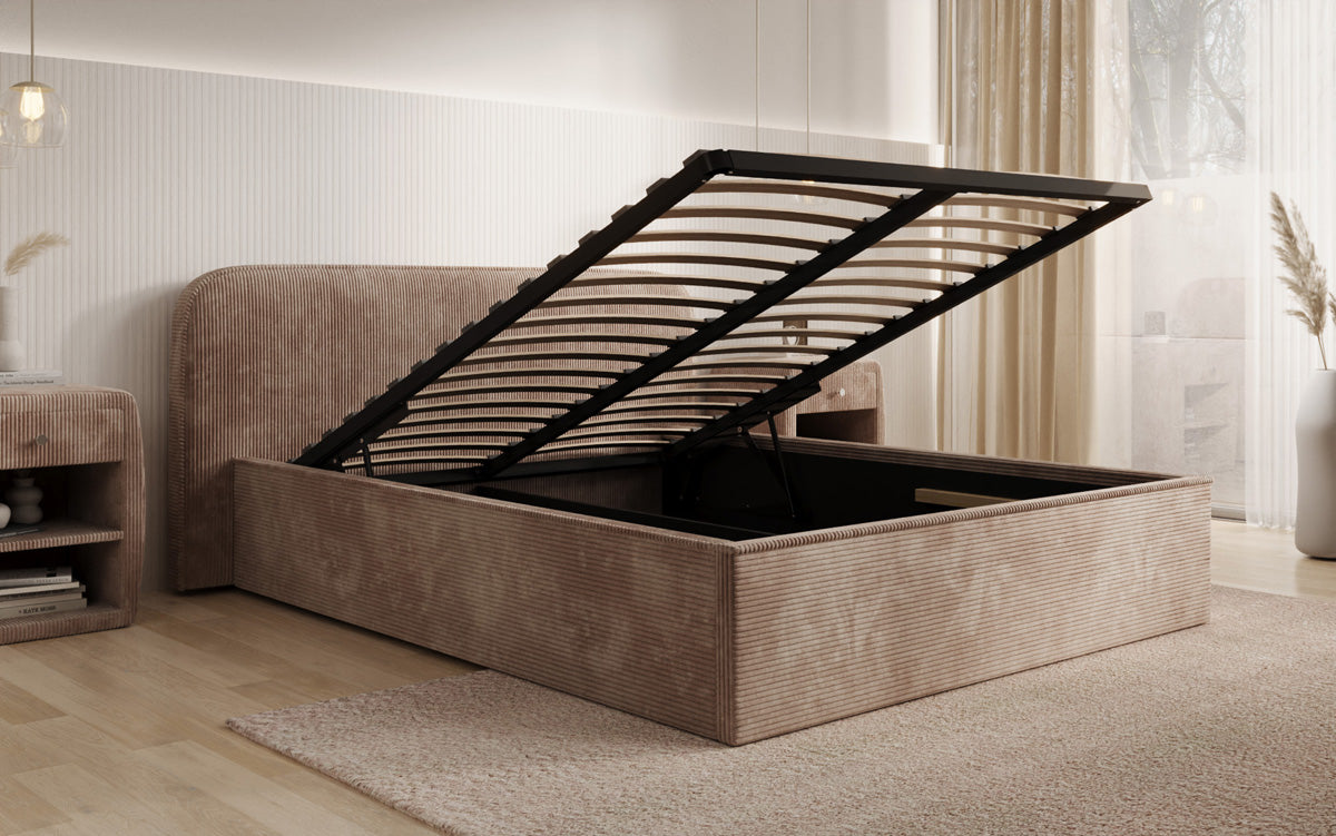 Designer gestoffeerd bed Nola in Ribstof met opbergruimte