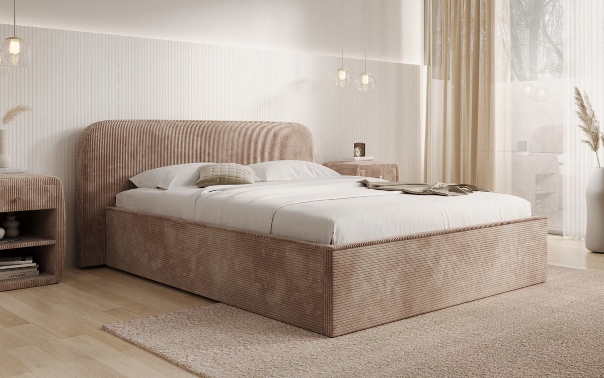 Designer gestoffeerd bed Nola in Ribstof met opbergruimte