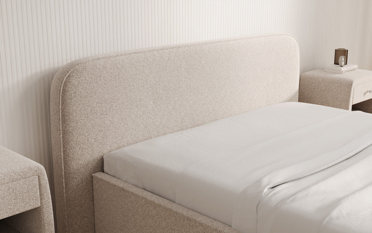 Designer gestoffeerd bed Nola in structuurstof met opbergruimte