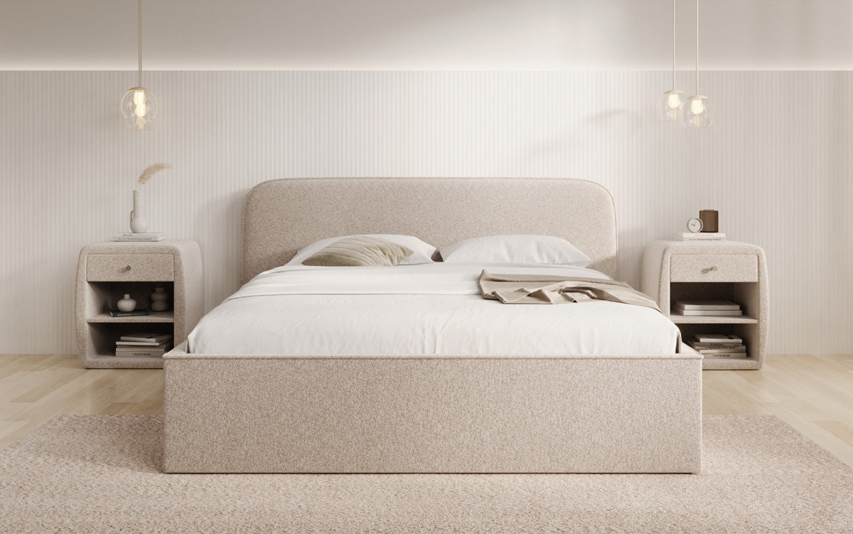 Designer gestoffeerd bed Nola in structuurstof met opbergruimte