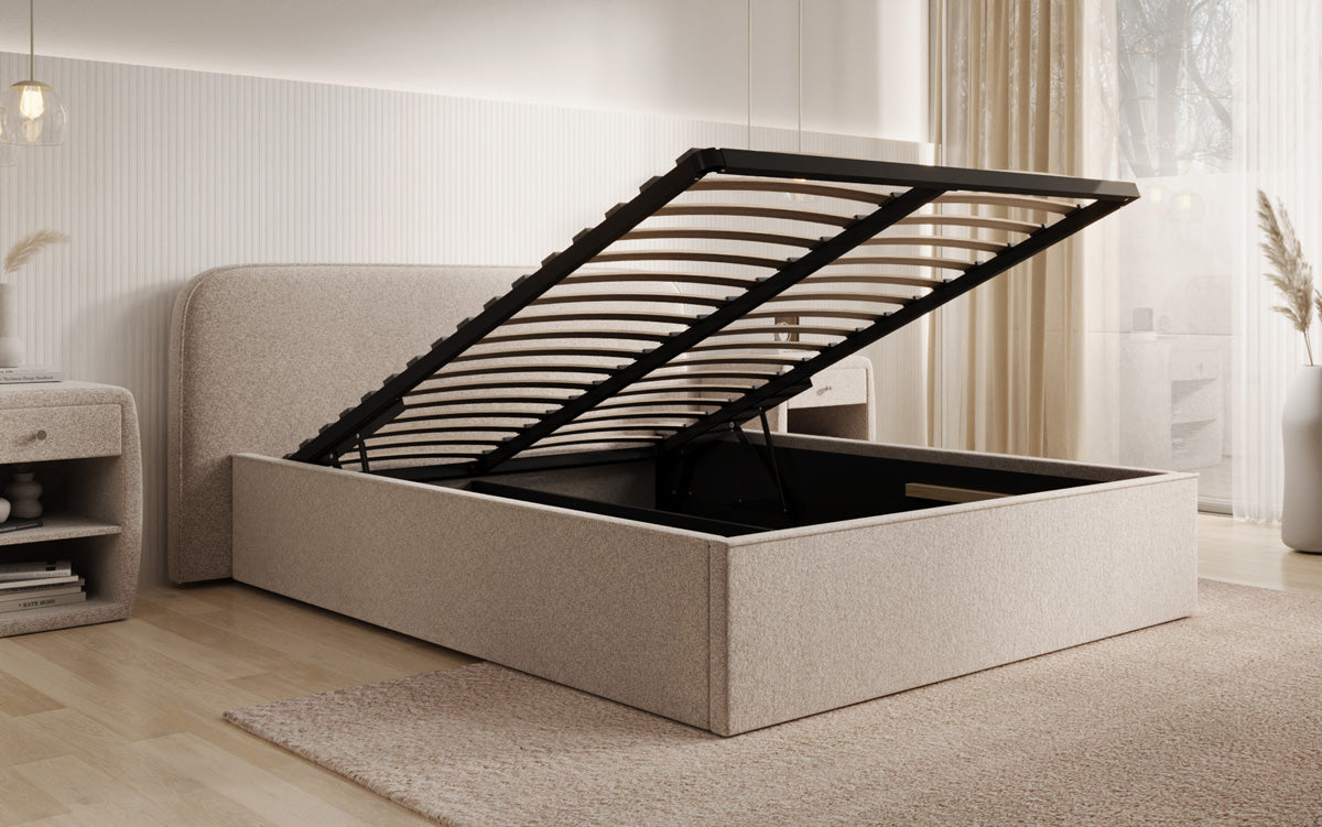 Designer gestoffeerd bed Nola in structuurstof met opbergruimte