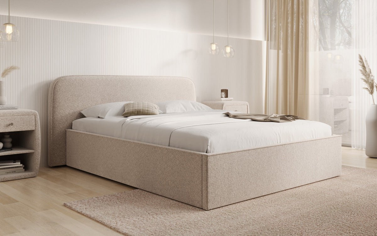 Designer gestoffeerd bed Nola in structuurstof met opbergruimte