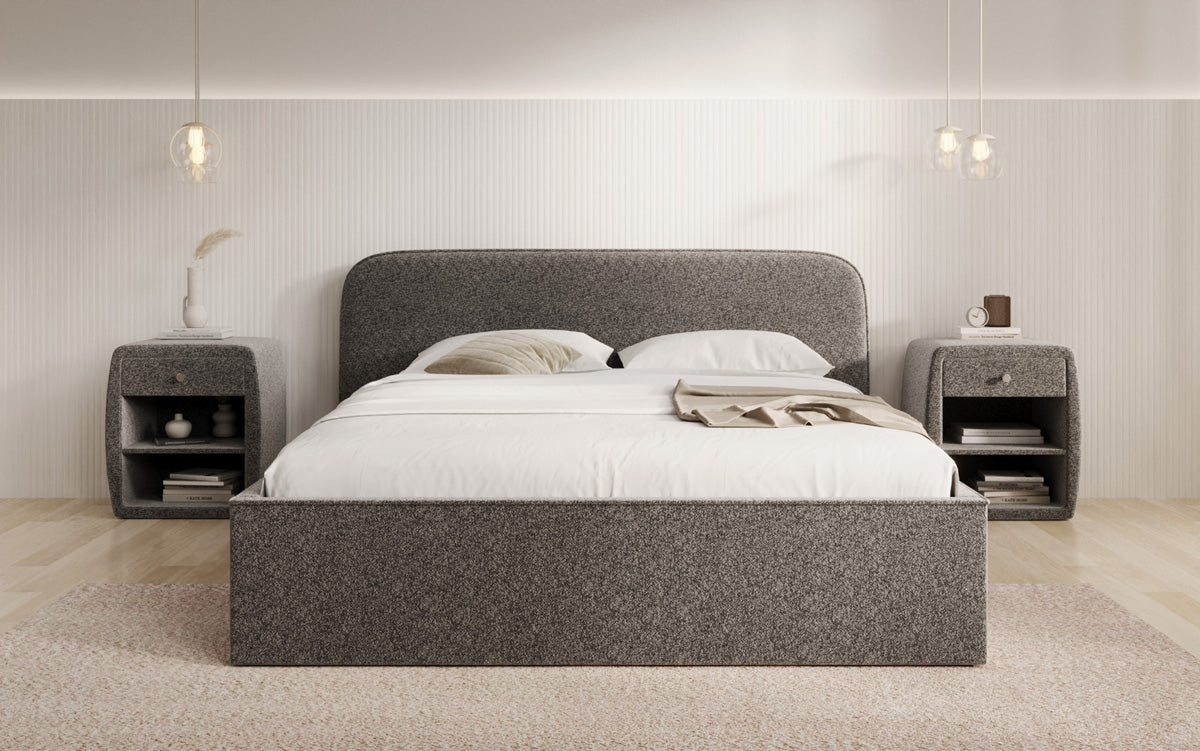 Designer gestoffeerd bed Nola in structuurstof met opbergruimte