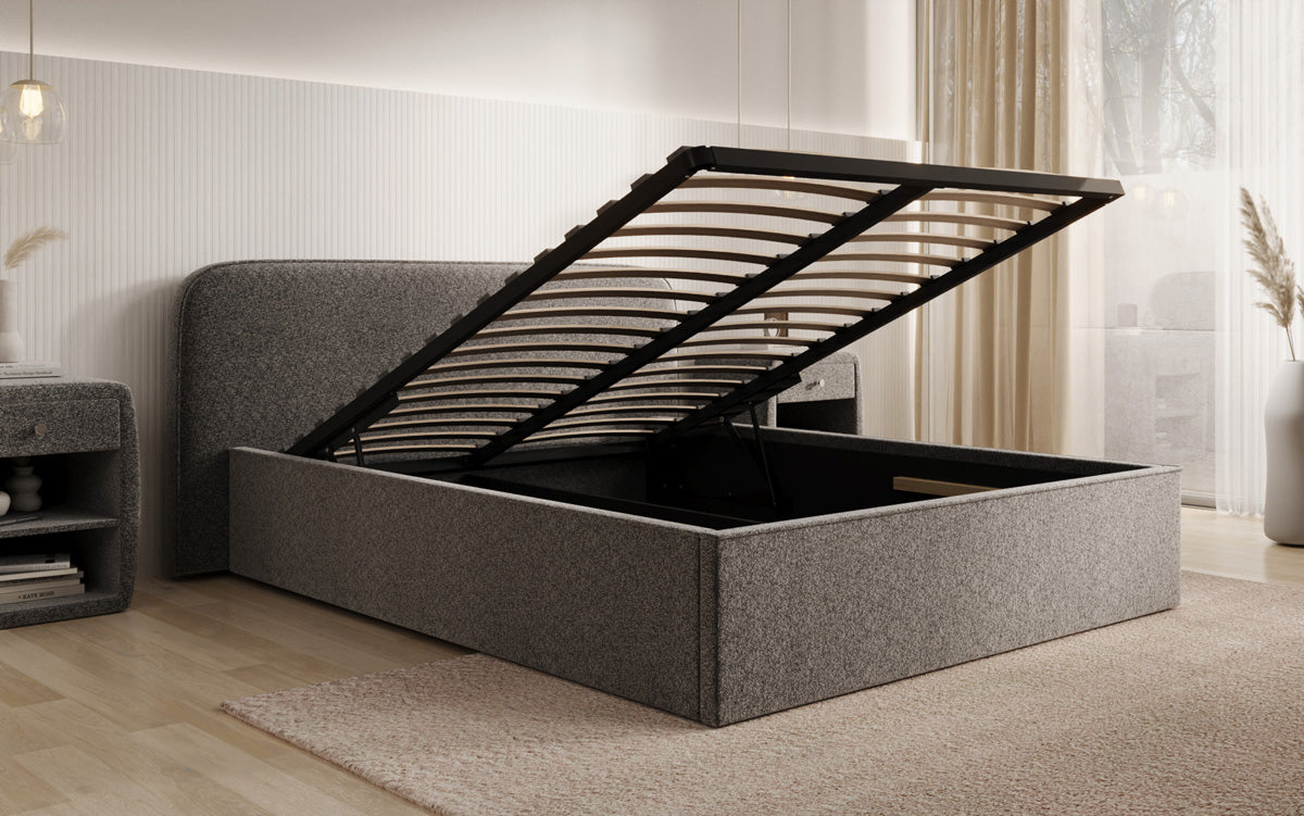 Designer gestoffeerd bed Nola in structuurstof met opbergruimte