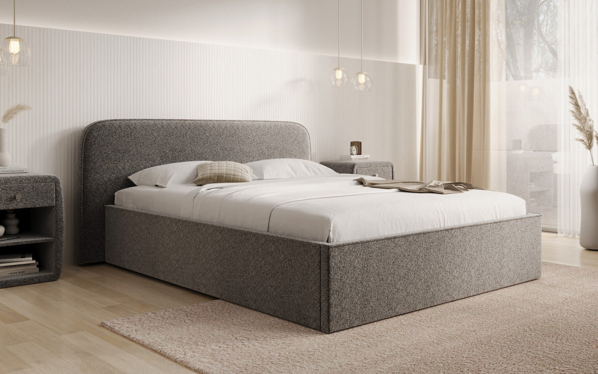 Designer gestoffeerd bed Nola in structuurstof met opbergruimte