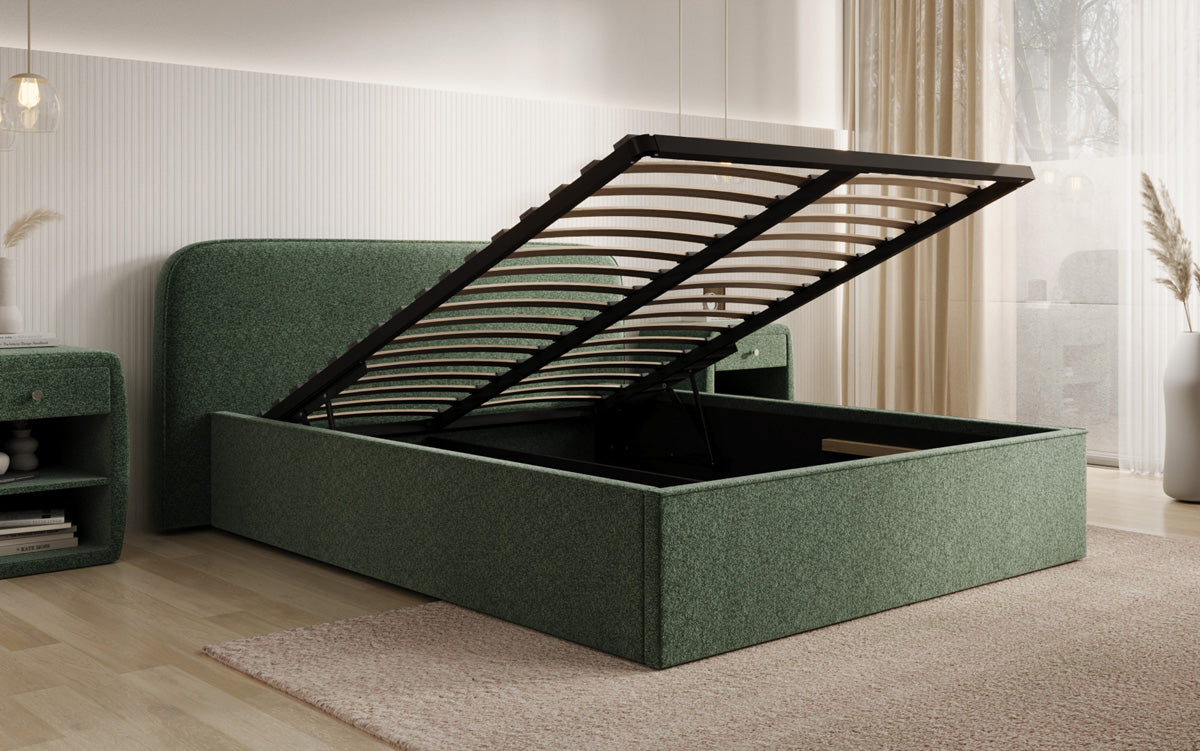 Designer gestoffeerd bed Nola in structuurstof met opbergruimte