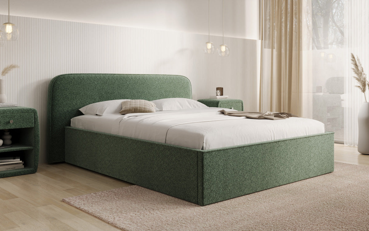 Designer gestoffeerd bed Nola in structuurstof met opbergruimte