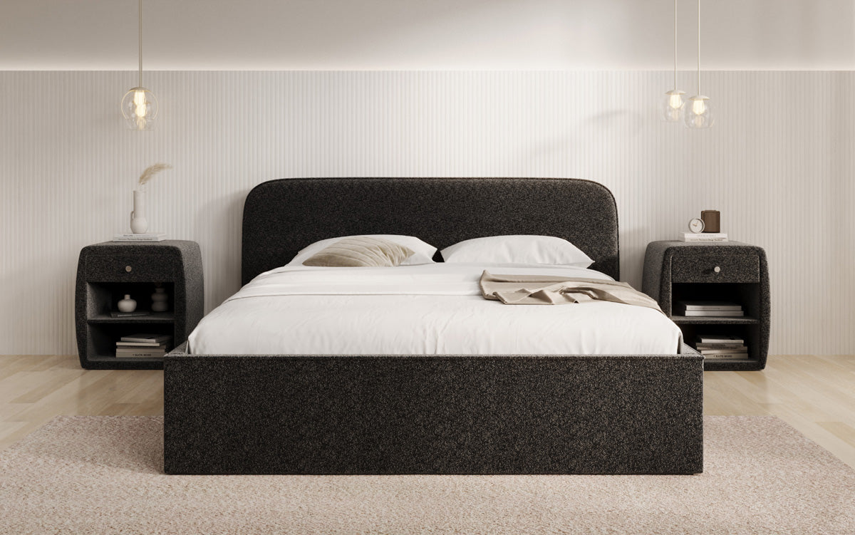 Designer gestoffeerd bed Nola in structuurstof met opbergruimte