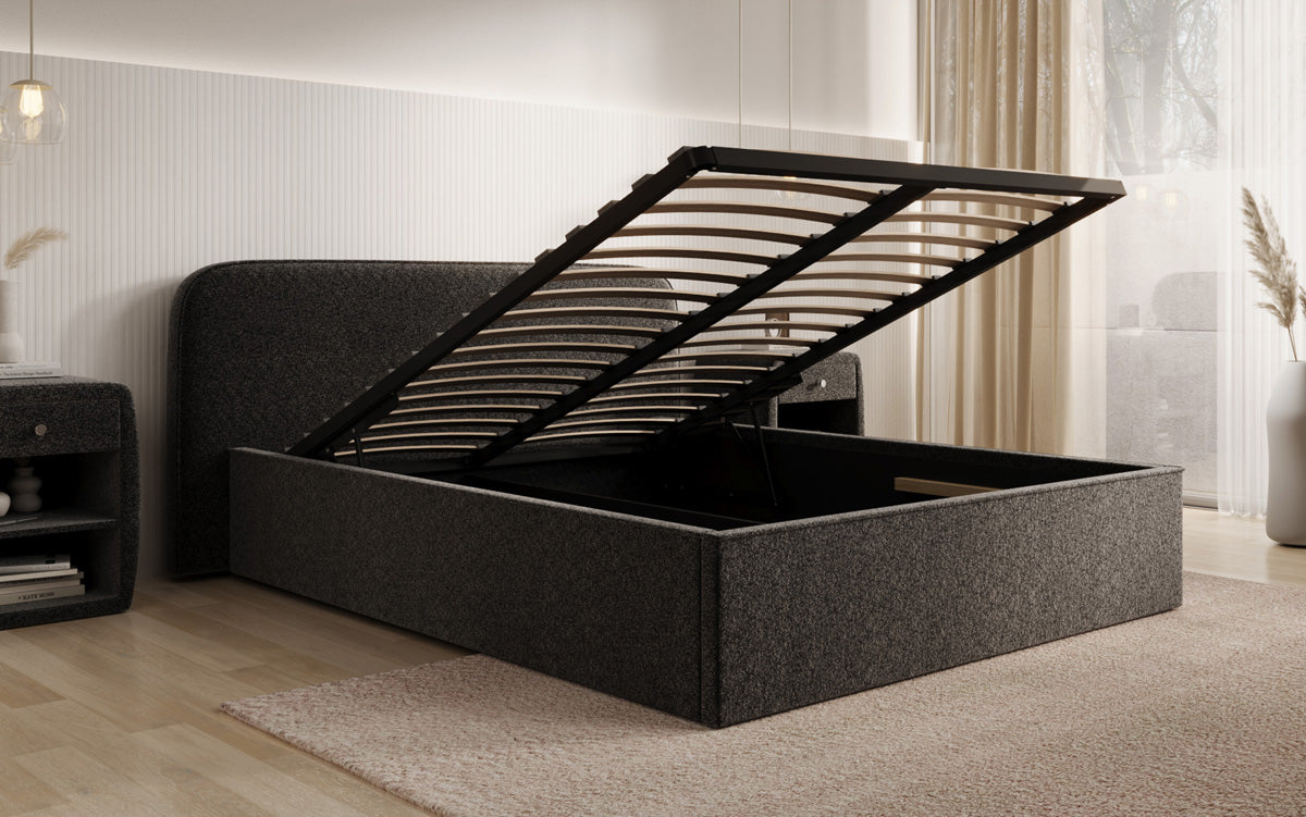 Designer gestoffeerd bed Nola in structuurstof met opbergruimte