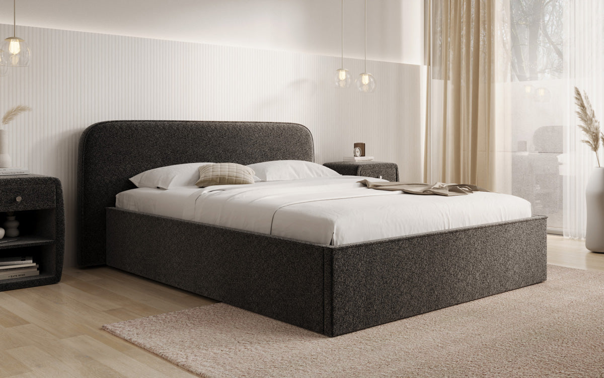 Designer gestoffeerd bed Nola in structuurstof met opbergruimte