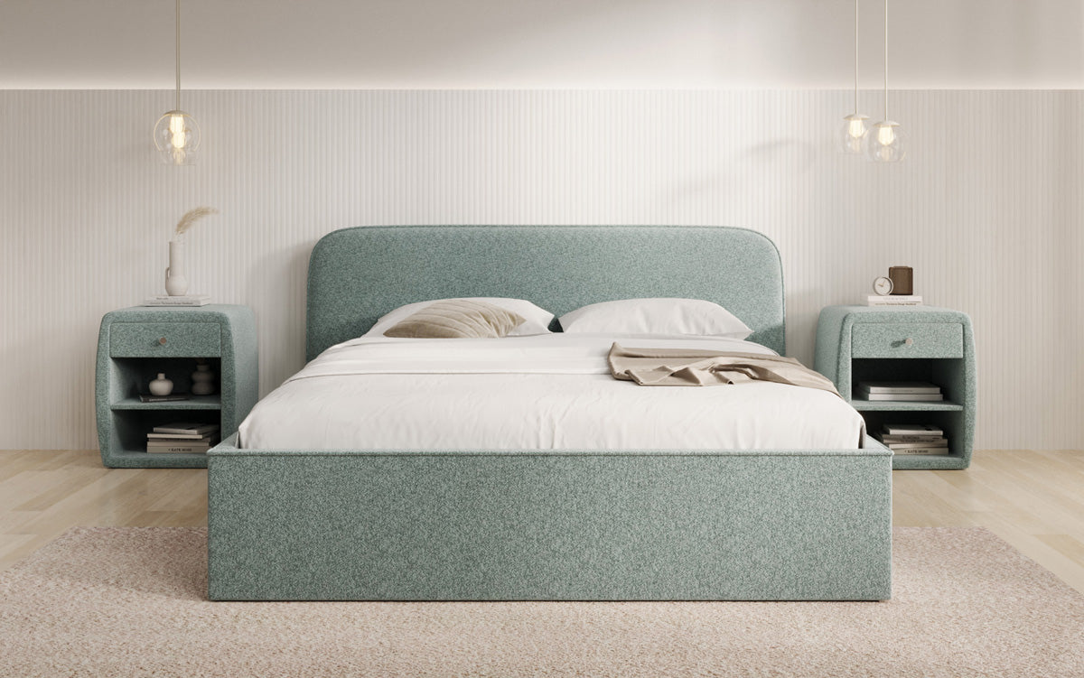 Designer gestoffeerd bed Nola in structuurstof met opbergruimte
