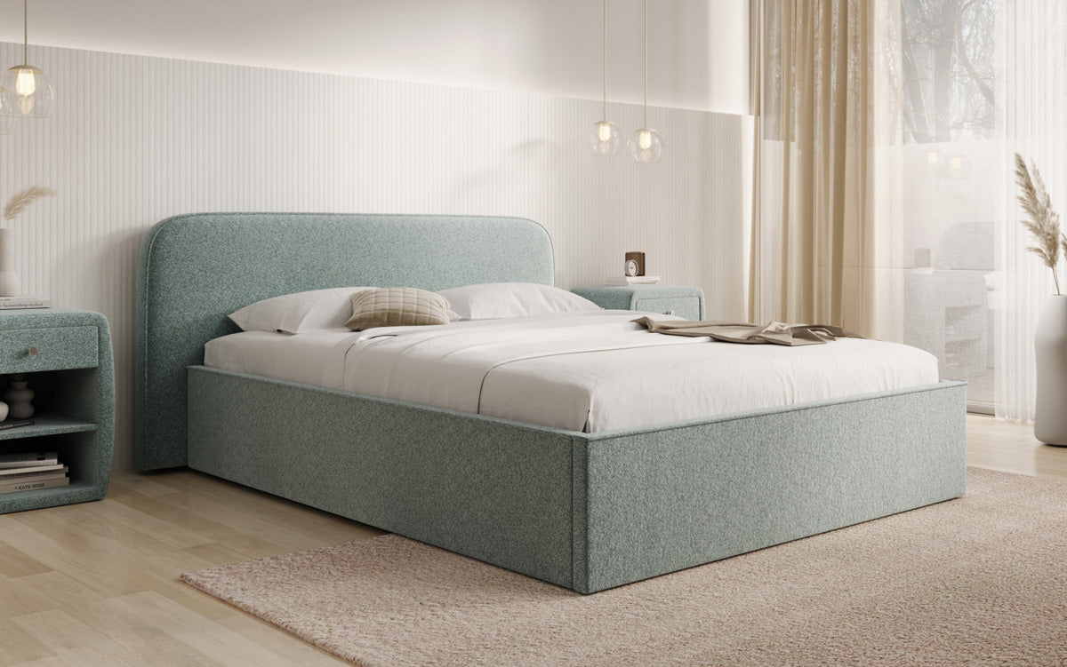 Designer gestoffeerd bed Nola in structuurstof met opbergruimte