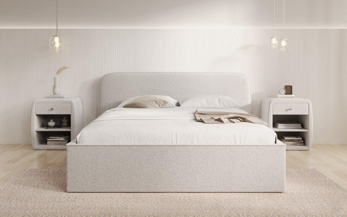 Designer gestoffeerd bed Nola in structuurstof met opbergruimte