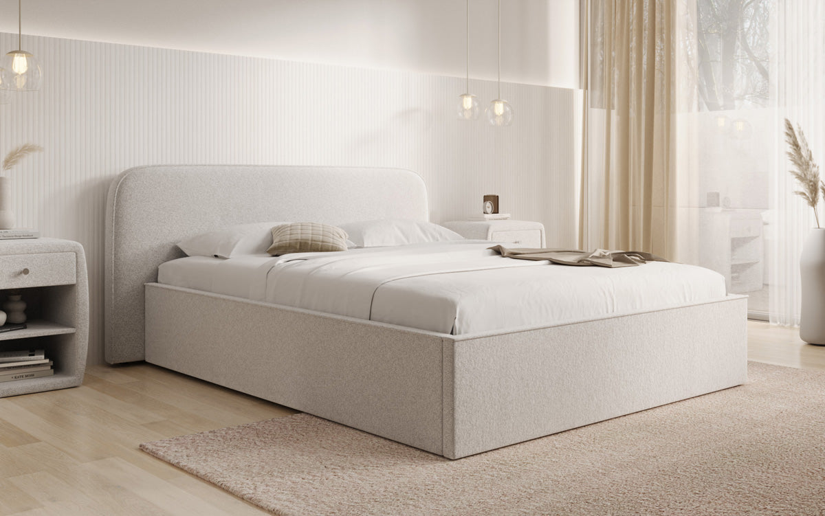 Designer gestoffeerd bed Nola in structuurstof met opbergruimte