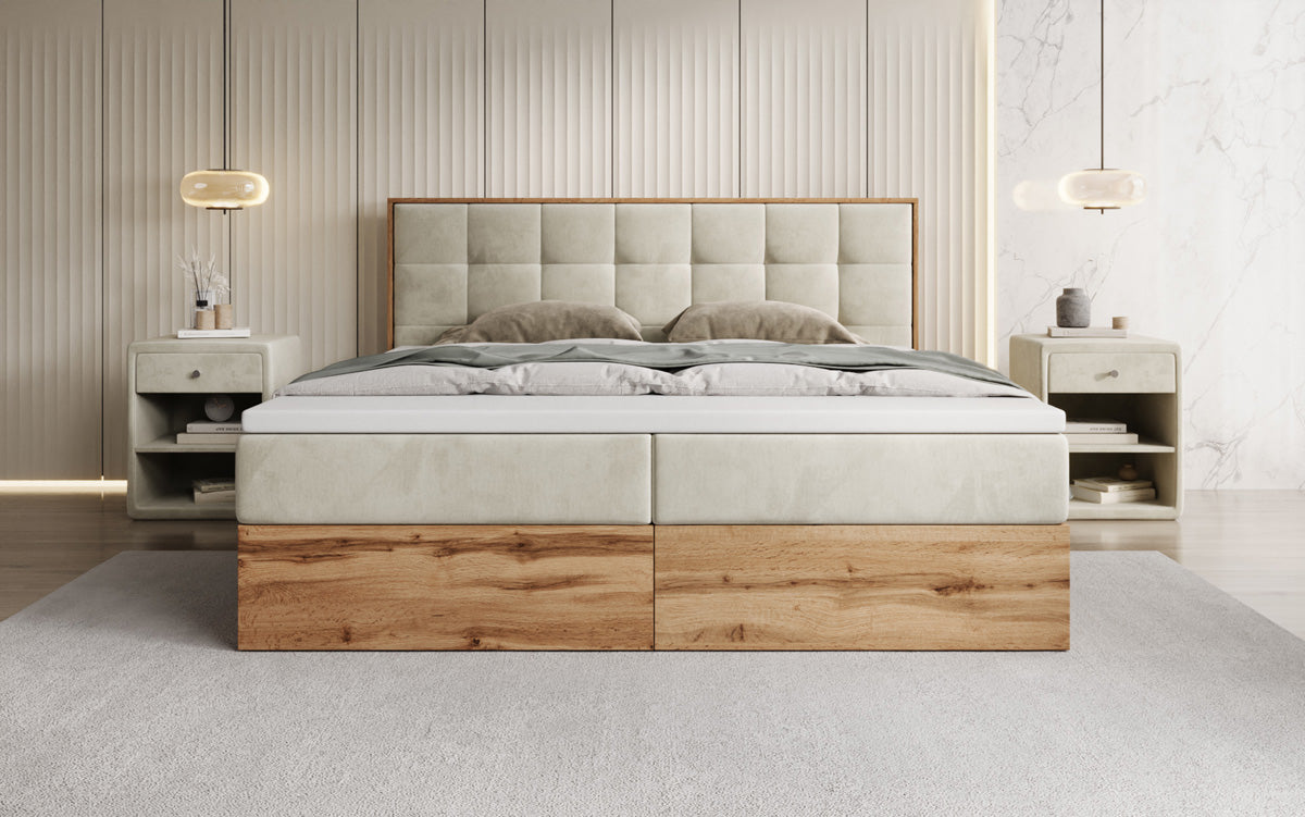 Boxspringbed Timber Quad met opbergruimte in Fluweel