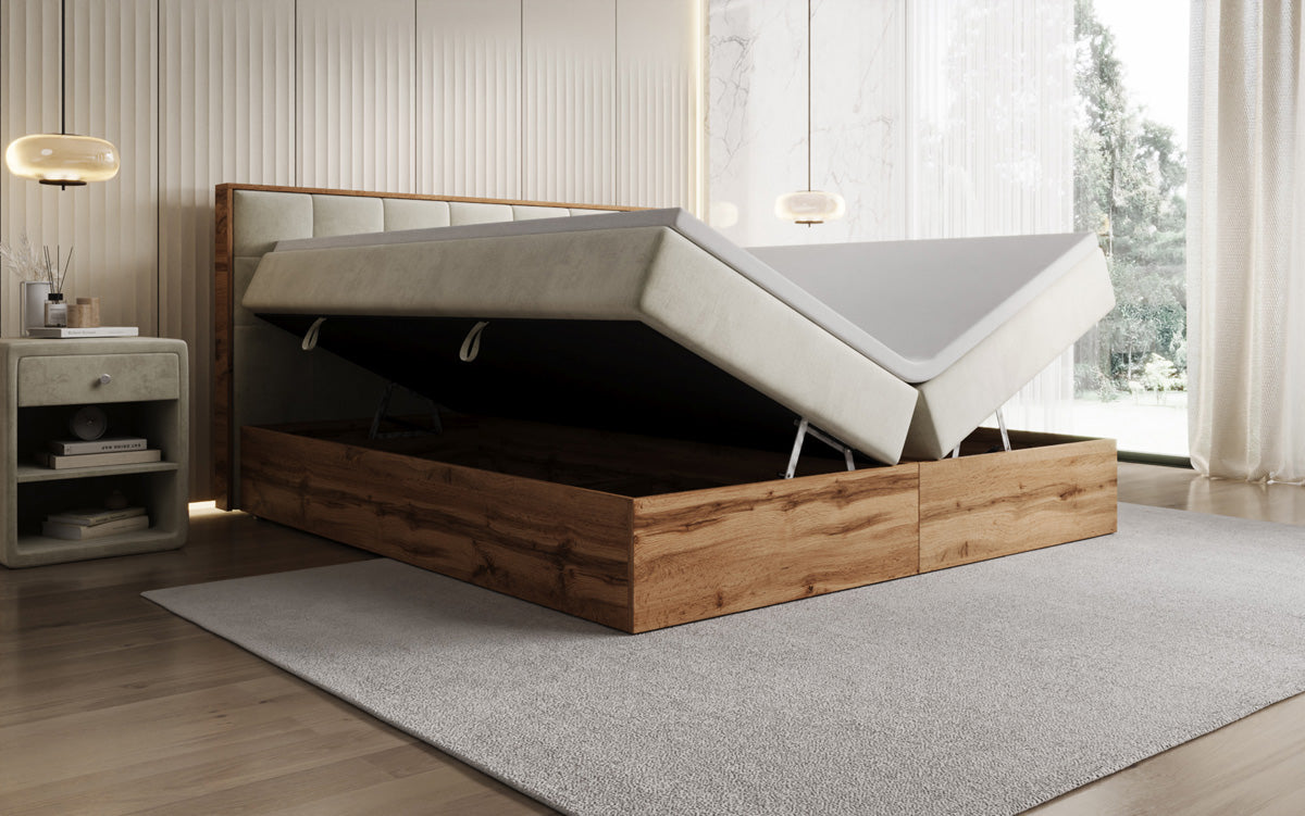 Boxspringbed Timber Quad met opbergruimte in Fluweel