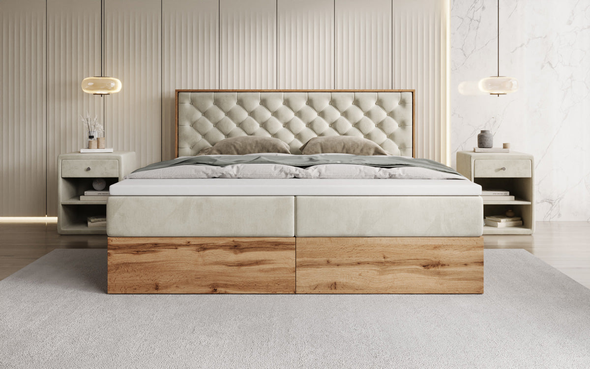 Boxspringbed Timber Chester met opbergruimte in Fluweel