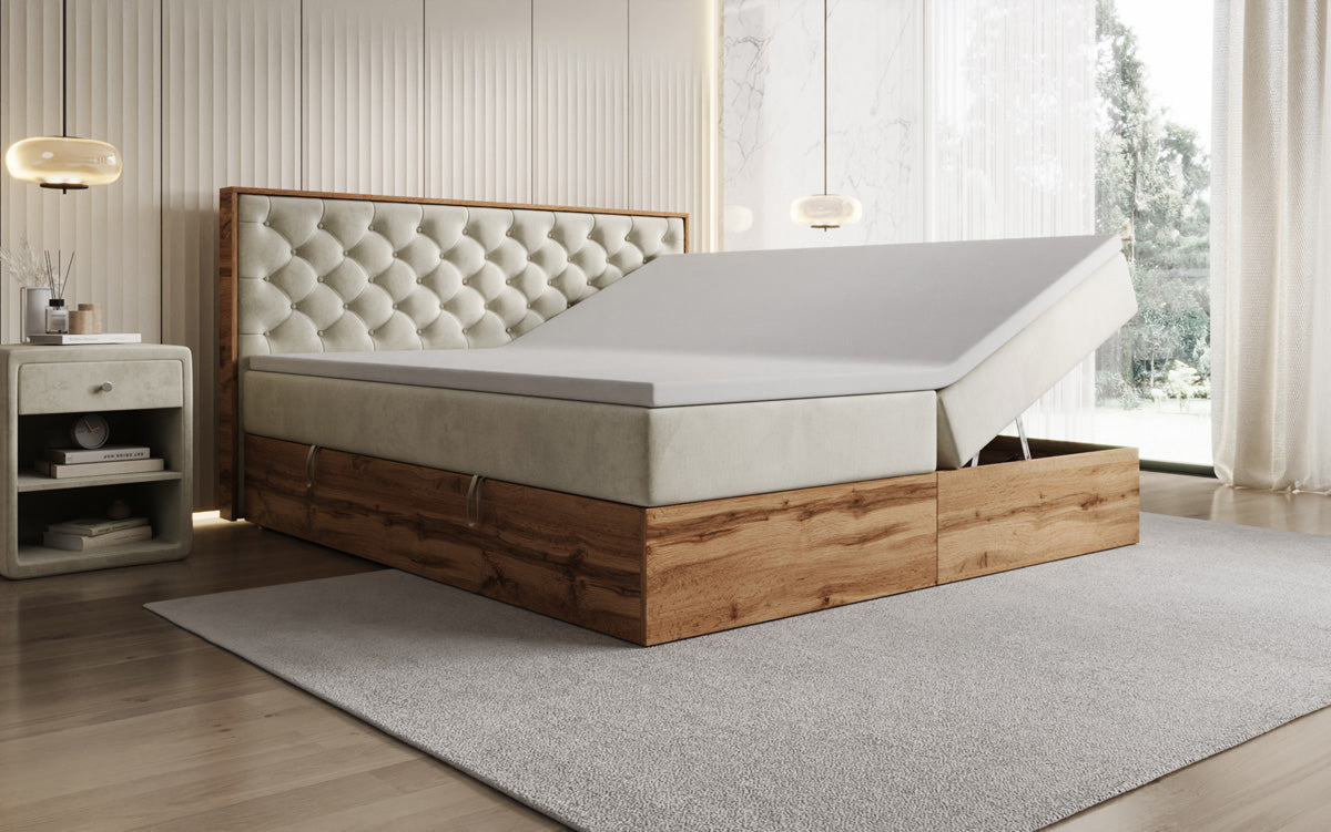 Boxspringbed Timber Chester met opbergruimte in Fluweel