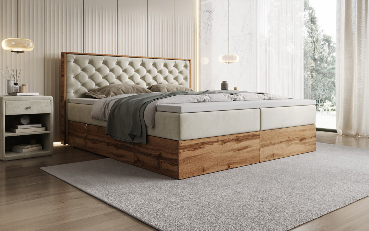 Boxspringbed Timber Chester met opbergruimte in Fluweel