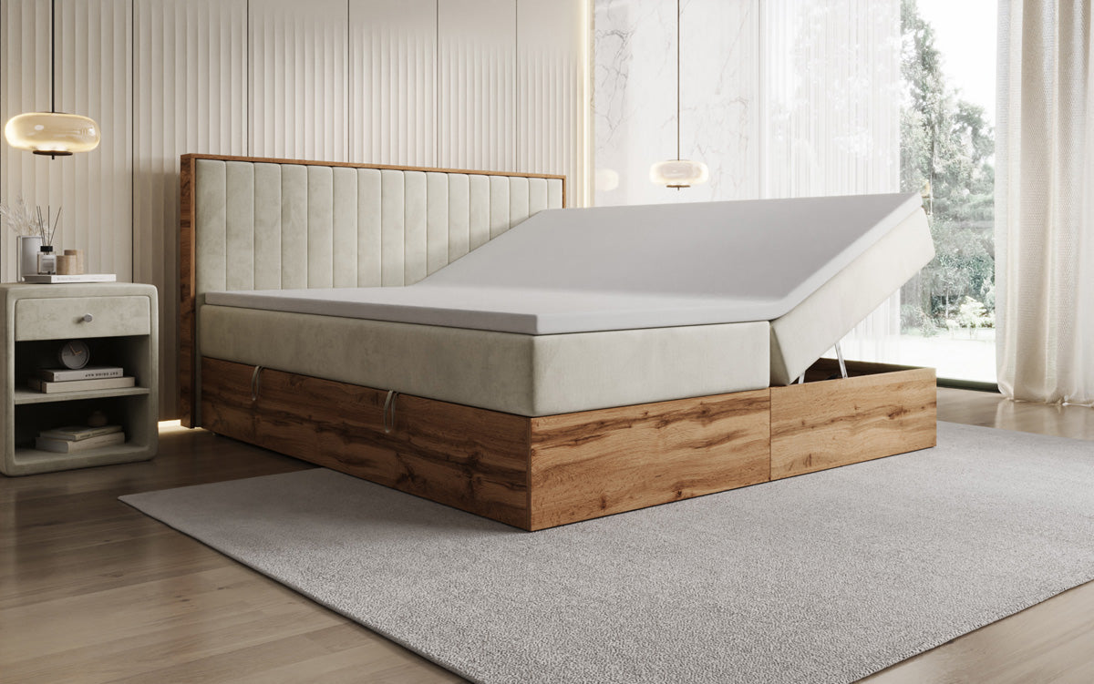 Boxspringbed Timber Line met opbergruimte in Fluweel