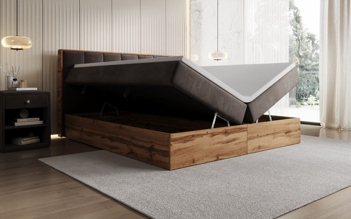 Boxspringbed Timber Quad met opbergruimte in Fluweel