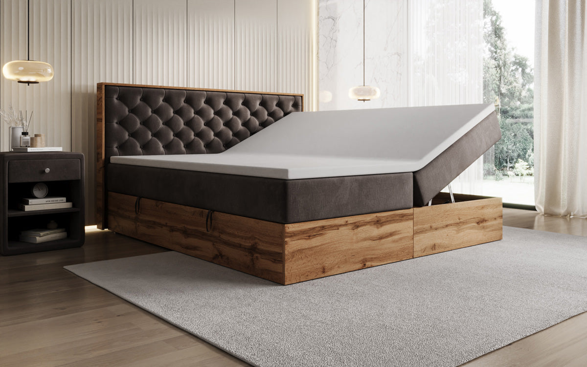 Boxspringbed Timber Chester met opbergruimte in Fluweel