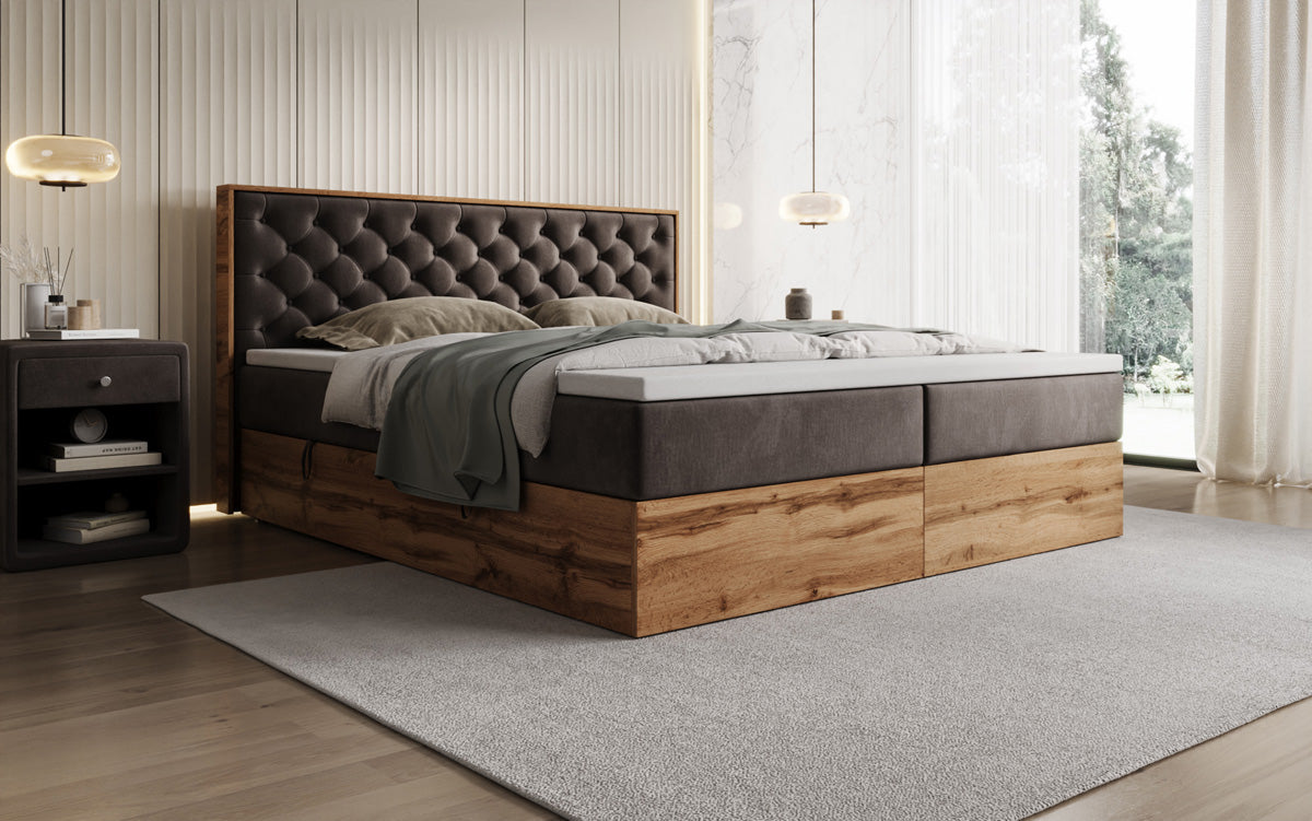 Boxspringbed Timber Chester met opbergruimte in Fluweel