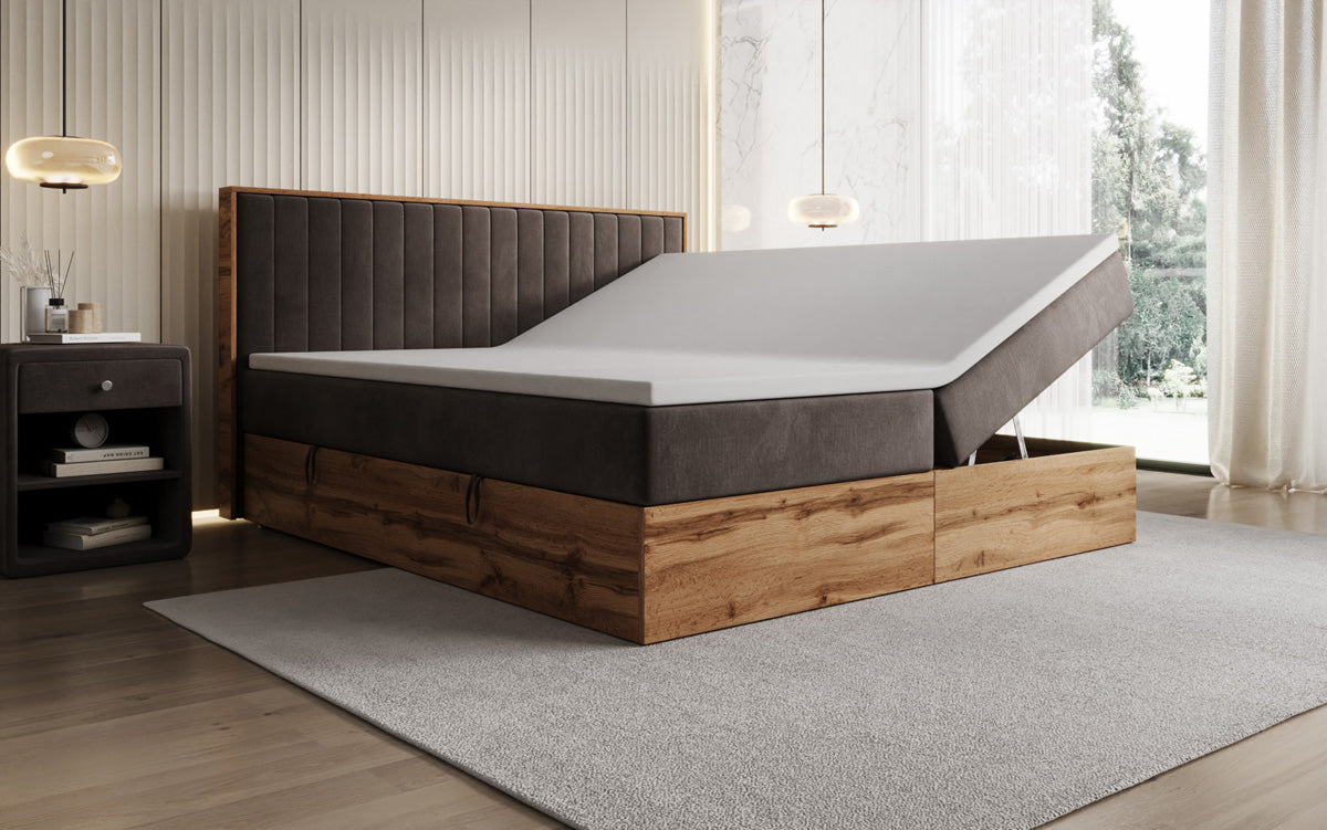 Boxspringbed Timber Line met opbergruimte in Fluweel