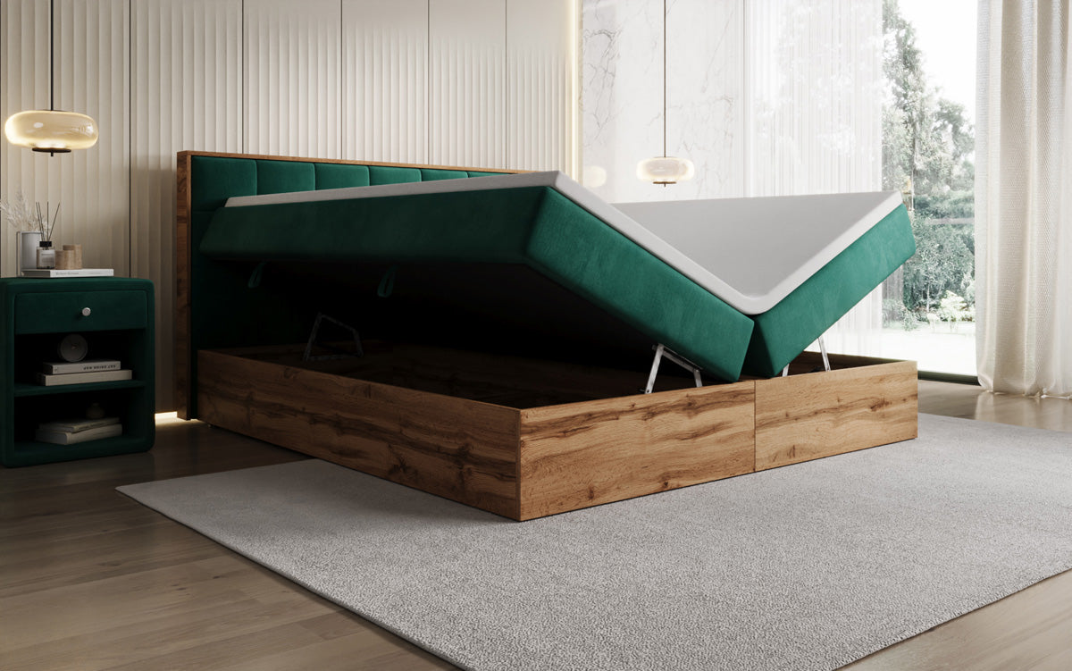 Boxspringbed Timber Quad met opbergruimte in Fluweel