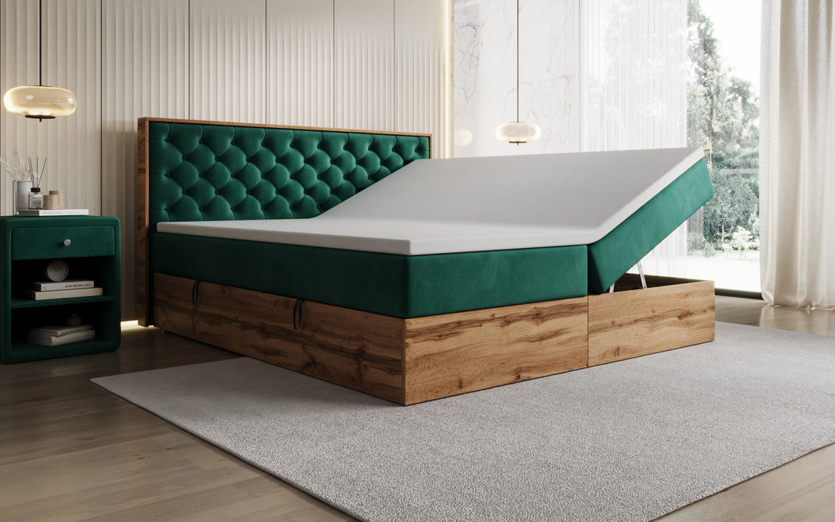 Boxspringbed Timber Chester met opbergruimte in Fluweel