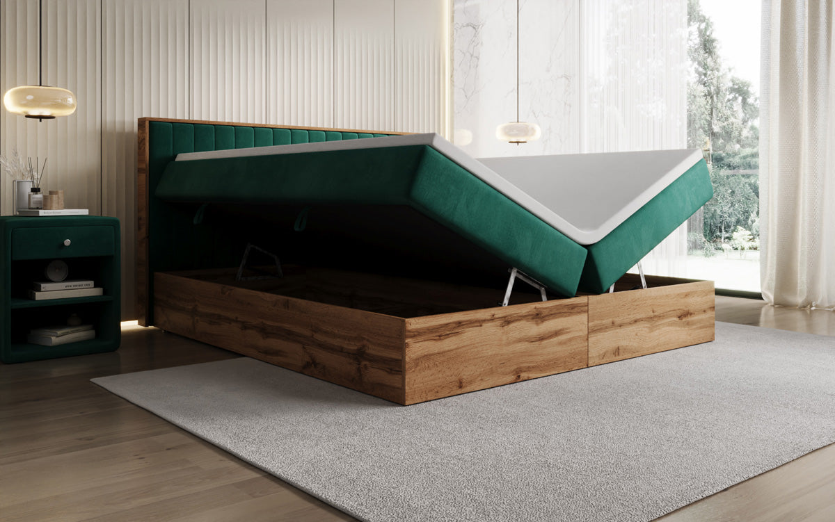 Boxspringbed Timber Line met opbergruimte in Fluweel