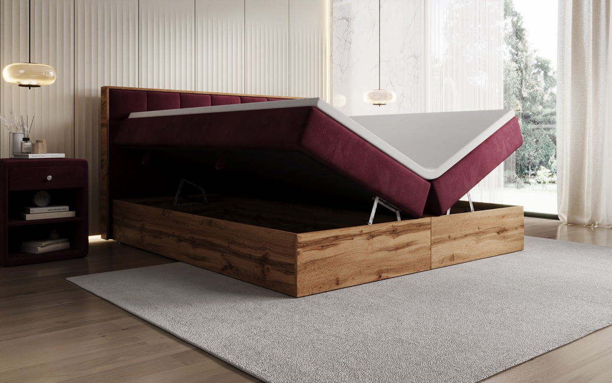 Boxspringbed Timber Quad met opbergruimte in Fluweel