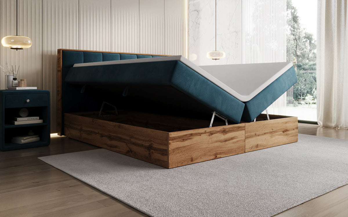 Boxspringbed Timber Quad met opbergruimte in Fluweel