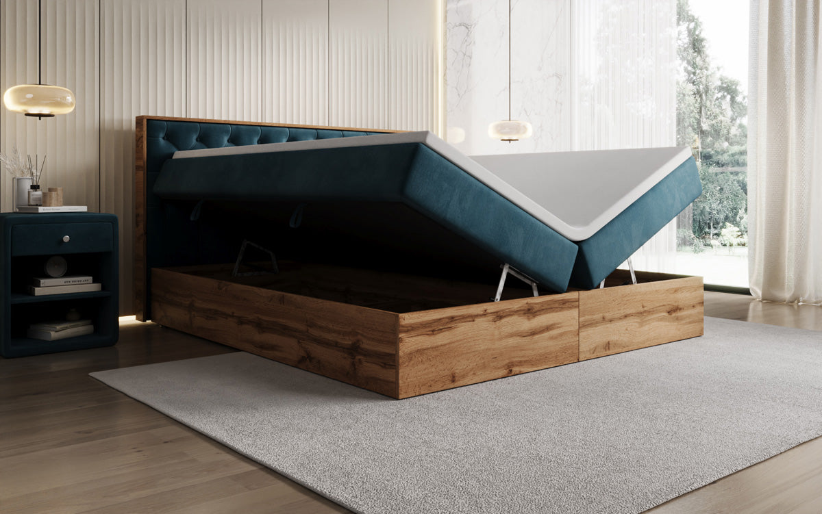 Boxspringbed Timber Chester met opbergruimte in Fluweel