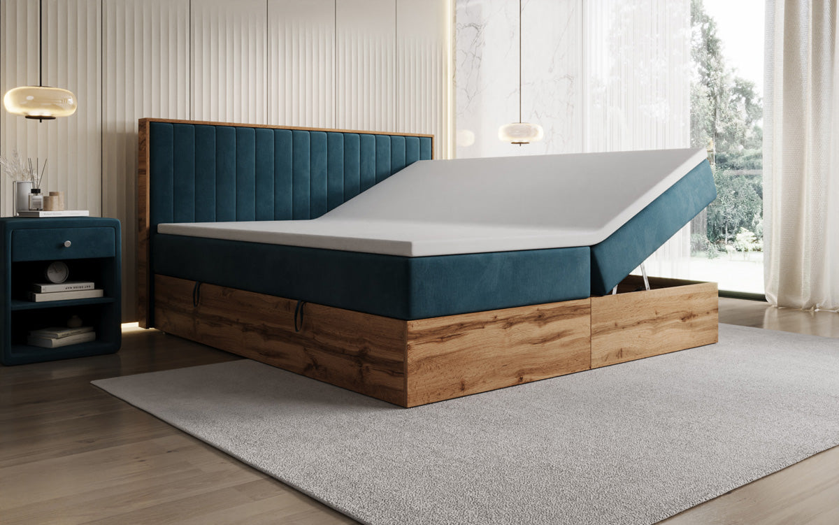 Boxspringbed Timber Line met opbergruimte in Fluweel