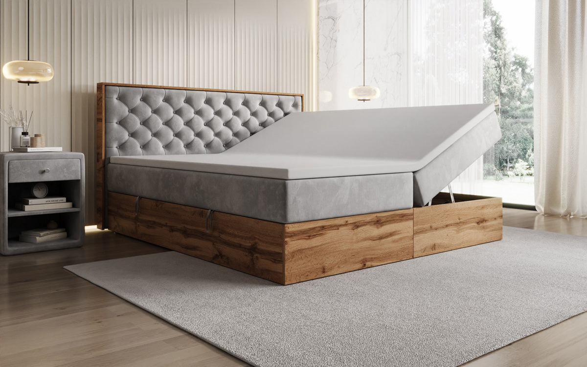 Boxspringbed Timber Chester met opbergruimte in Fluweel