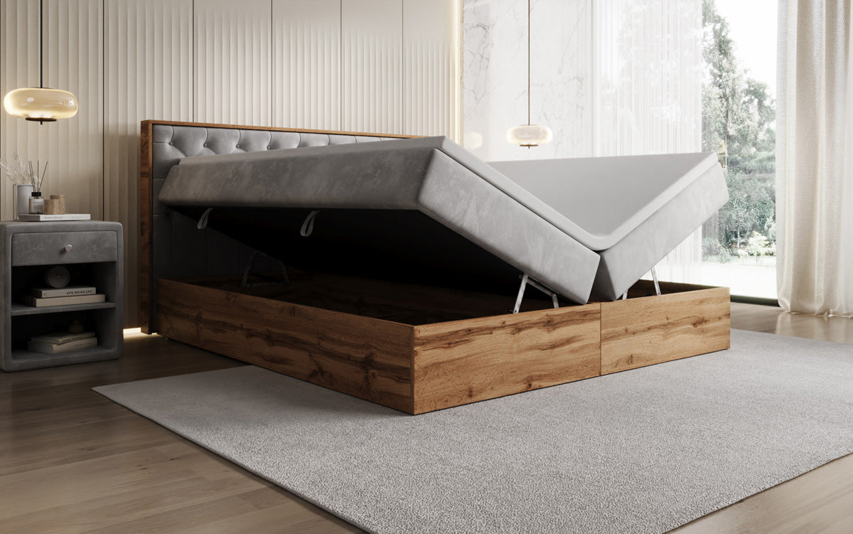 Boxspringbed Timber Chester met opbergruimte in Fluweel