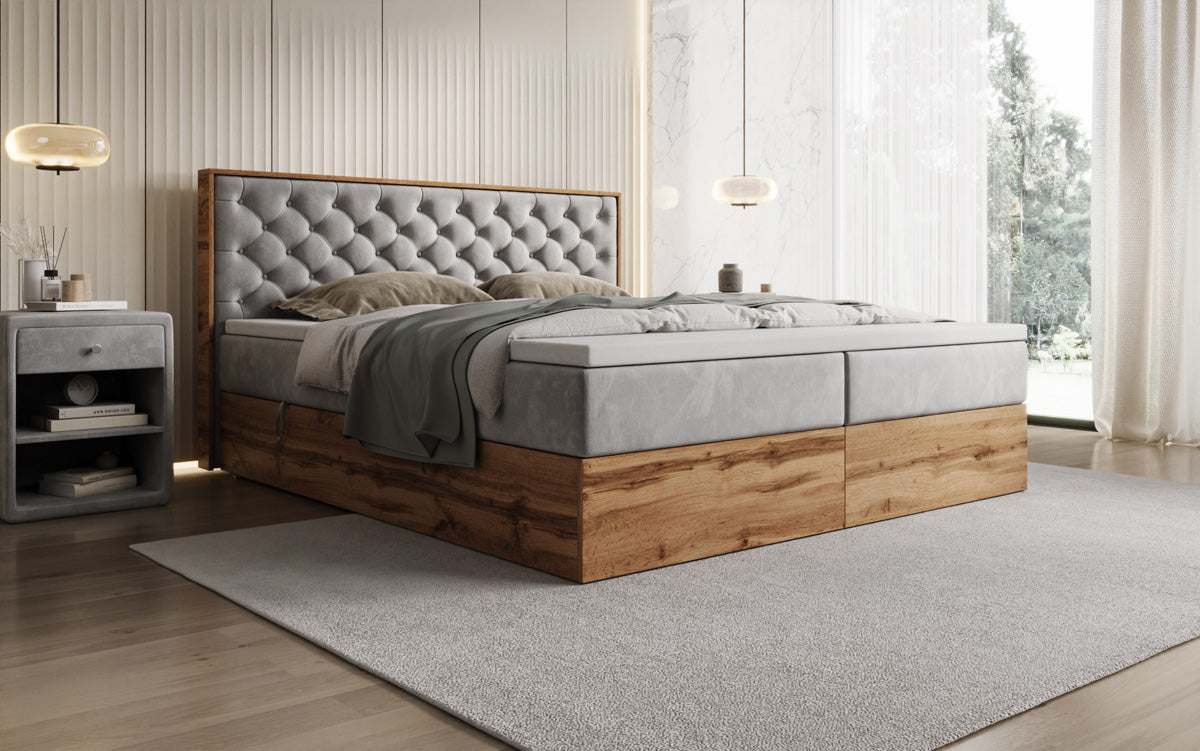 Boxspringbed Timber Chester met opbergruimte in Fluweel